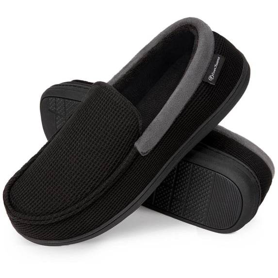 EverFoams Men's Comfort Memory Foam Moccasin Slippers Breathable Terry Cloth House Shoes with Anti-Skid Rubber Sole