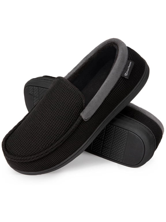 Men's Comfort Memory Foam Moccasin Slippers Breathable Terry Cloth House Shoes with Anti-Skid Rubber Sole