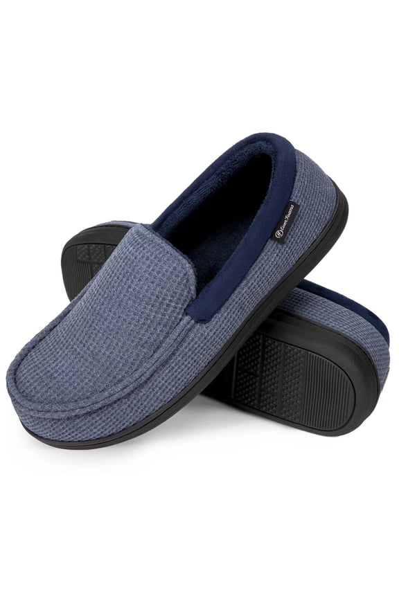 Men's Comfort Memory Foam Moccasin Slippers Breathable Terry Cloth House Shoes with Anti-Skid Rubber Sole
