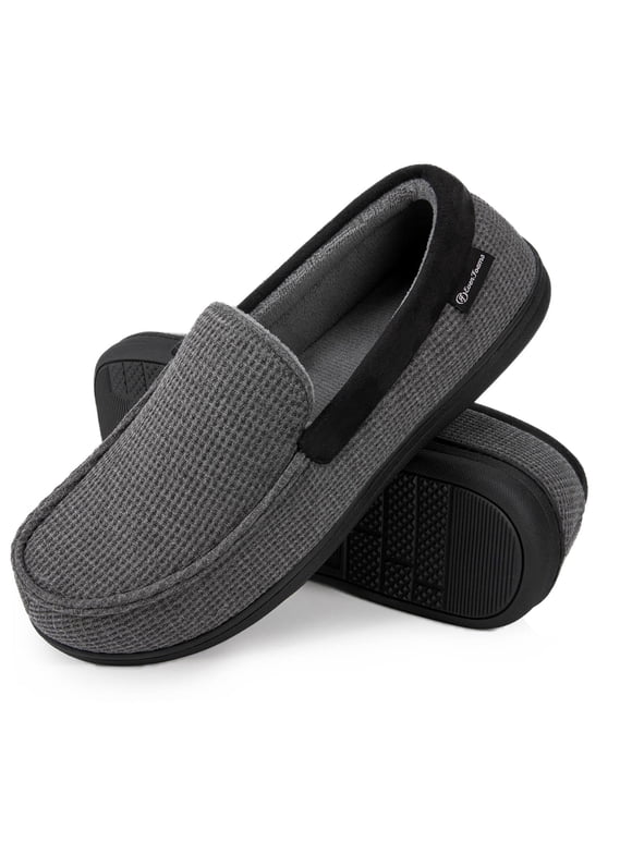Men's Comfort Memory Foam Moccasin Slippers Breathable Terry Cloth House Shoes with Anti-Skid Rubber Sole