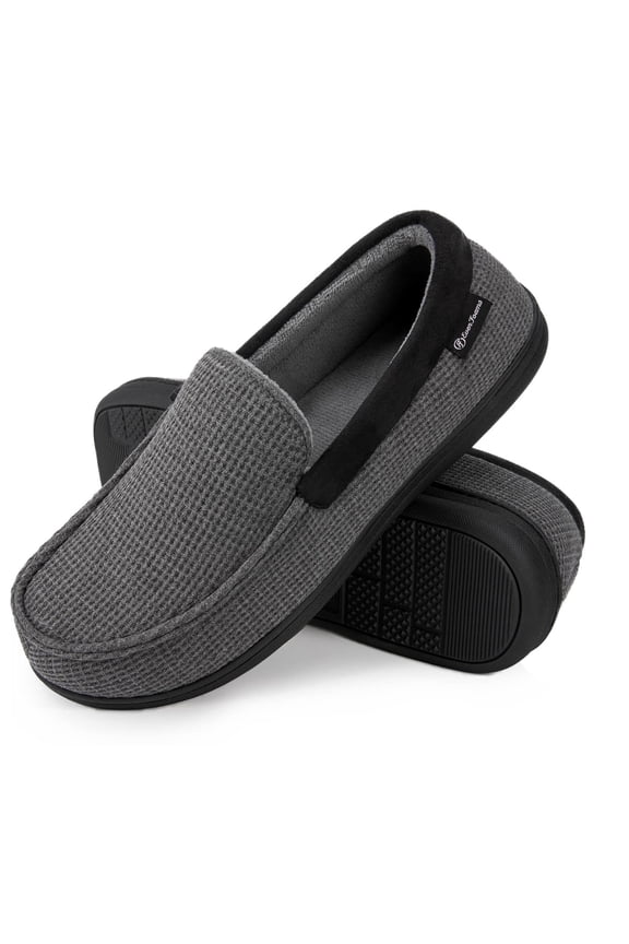 Men's Comfort Memory Foam Moccasin Slippers Breathable Terry Cloth House Shoes with Anti-Skid Rubber Sole