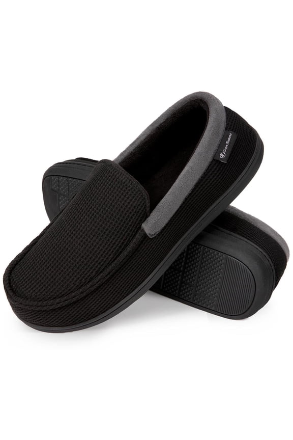 Men's Comfort Memory Foam Moccasin Slippers Breathable Terry Cloth House Shoes with Anti-Skid Rubber Sole