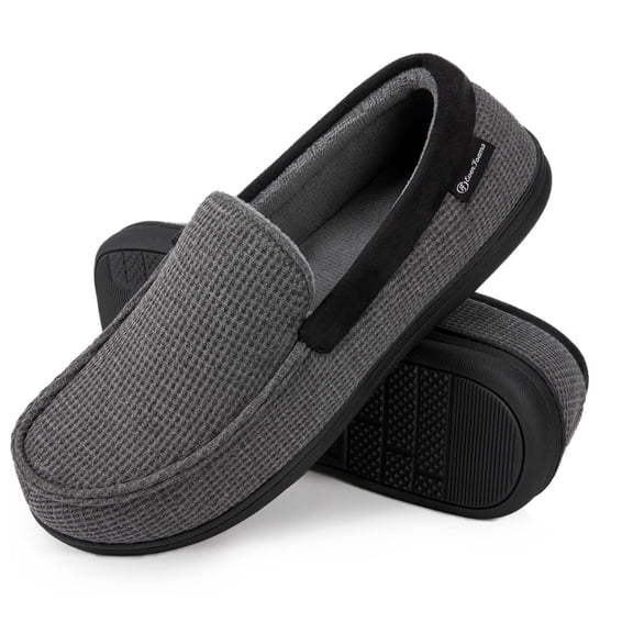 EverFoams Men's Comfort Memory Foam Moccasin Slippers Breathable Terry Cloth House Shoes with Anti-Skid Rubber Sole