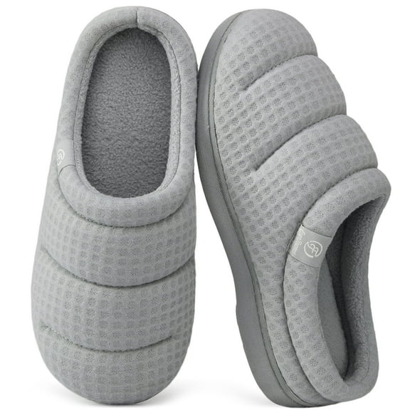 EverFoams Women's Cozy Waffle Slippers Soft Quilted Memory Foam Indoor House Shoes with Non-Slip Rubber Sole Bright Gray,9-10 US