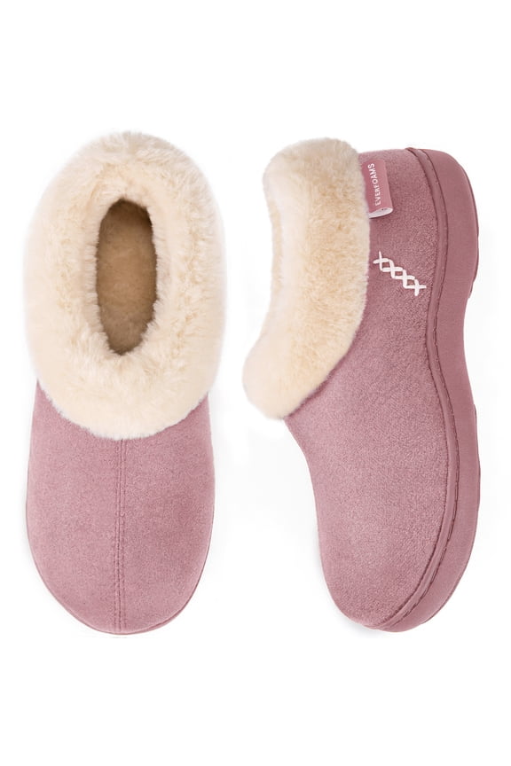 Women's Micro Suede Cozy Memory Foam Winter Slippers with Fuzzy Faux Fur Collar and Indoor Outdoor Rubber Sole
