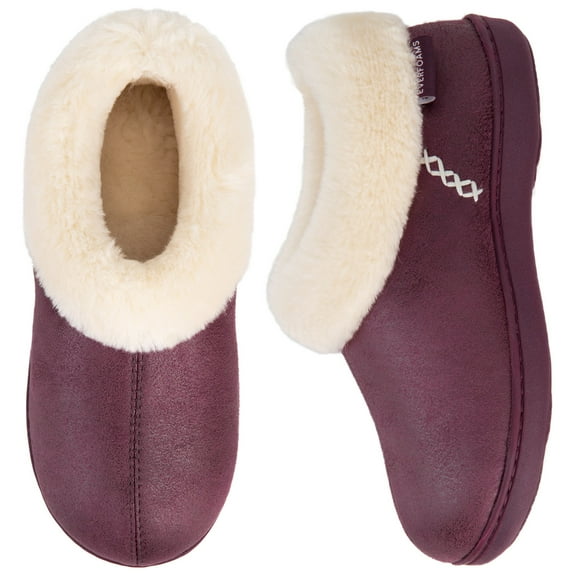 EverFoams Women's Micro Suede Cozy Memory Foam Winter Slippers with Fuzzy Faux Fur Collar and Indoor Outdoor Rubber Sole