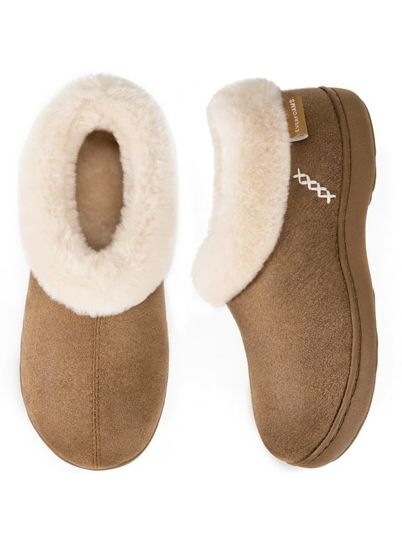 EverFoams Women's Micro Suede Cozy Memory Foam Winter Slippers with Fuzzy Faux Fur Collar and Indoor Outdoor Rubber Sole