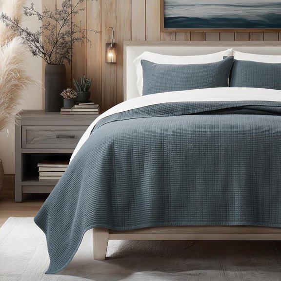 EverGrace 100% Cotton Quilt Queen Size, Pre-Washed Modern Grid Stitch Lightweight Bedspread Coverlet for All Season, Oversized 3-Piece Bedding Set with 2 Pillow Shams, Midnight Blue