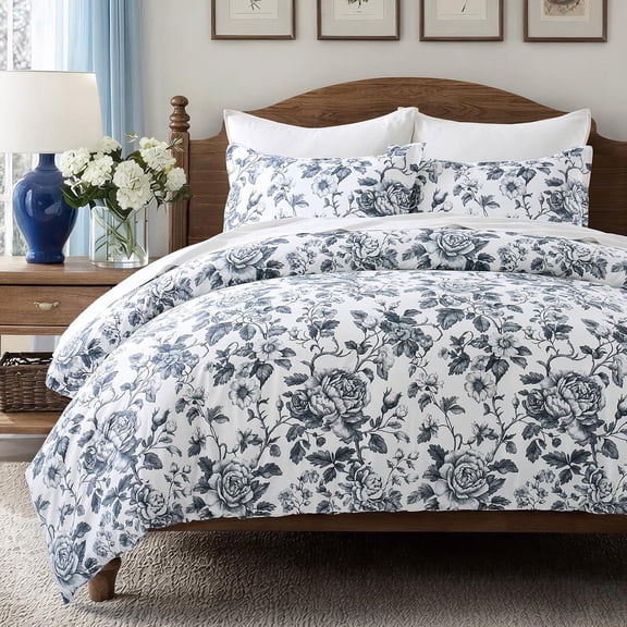 EverGrace 100% Cotton Sateen Duvet Cover Set Queen Size, 3 Piece Floral Toile Bedding Set, Pre-Washed Soft & Breathable, Button Closure with 2 Pillow Shams, Midnight Blue, 90"x92"