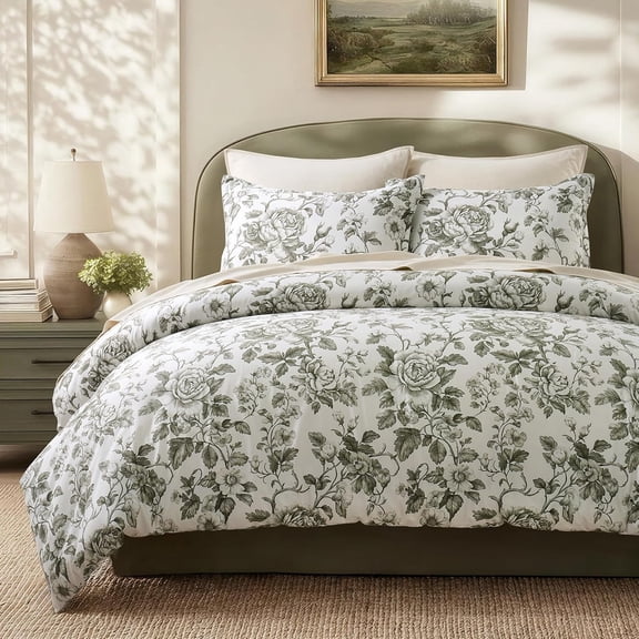 EverGrace 100% Cotton Sateen Duvet Cover Set Queen Size, 3 Piece Floral Toile Bedding Set, Pre-Washed Soft & Breathable, Button Closure with 2 Pillow Shams, Olive Green, 90"x92"