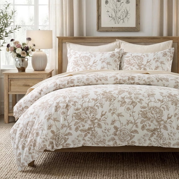 EverGrace 100% Cotton Sateen Duvet Cover Set Queen Size, 3 Piece Floral Toile Bedding Set, Pre-Washed Soft & Breathable, Button Closure with 2 Pillow Shams, Sand Dune, 90"x92"