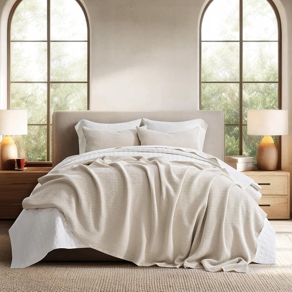 EverGrace 100% Cotton Waffle Bed Blanket Queen Size, Soft Premium Cotton Coverlet Set with 2 Matching Shams, Lightweight All Season Bedding Set, Oversized Bedspread 92x96, Birch