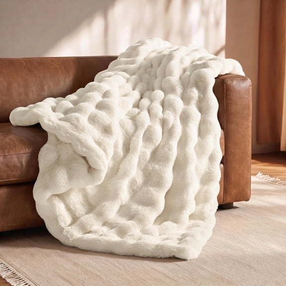 EverGrace Double-Sided Bubble Faux Fur Throw Blanket, 60"x80", Ivory White
