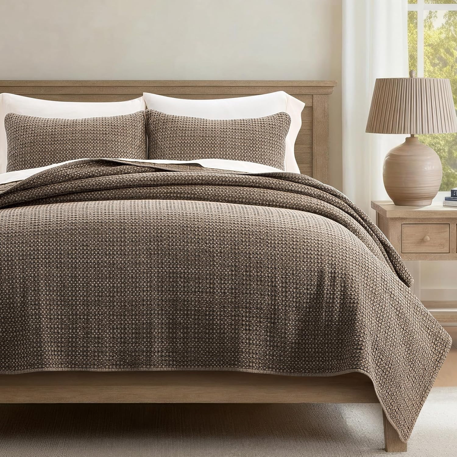 EverGrace Stonewashed 100% Natural Cotton Waffle Quilt Set King Size 3 Pieces, Durable, Textured & Substantial Bedding, Quilted Coverlet Bedspread with 2 Shams for All Seasons, Mushroom Brown