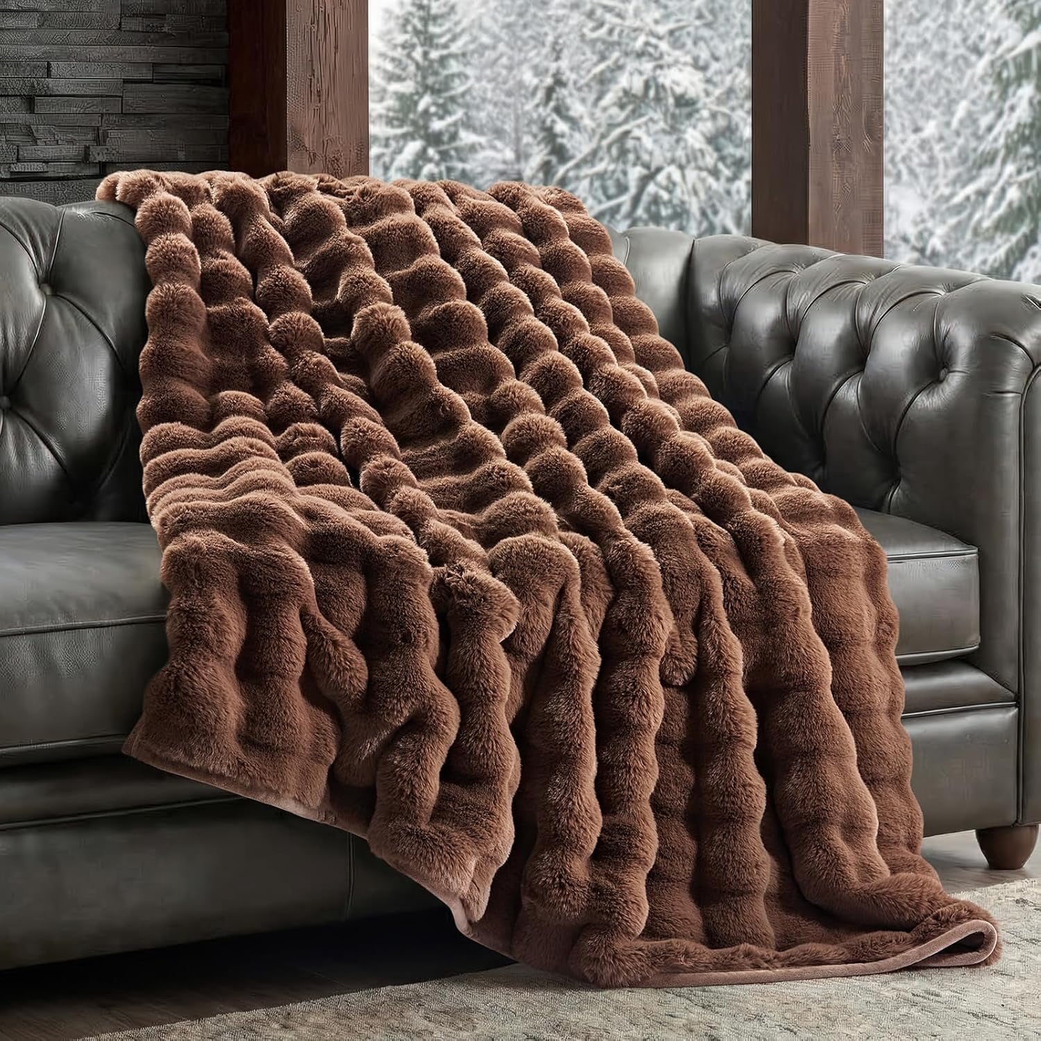 EverGrace Ultra Soft Luxury Fluffy Faux Rabbit Fur Throw Blanket, Thick Warm Bubble Throw for Bed, Cozy Plush Reversible Blankets for Couch, Chair, Sofa, Chestnut, 50x60 Inches