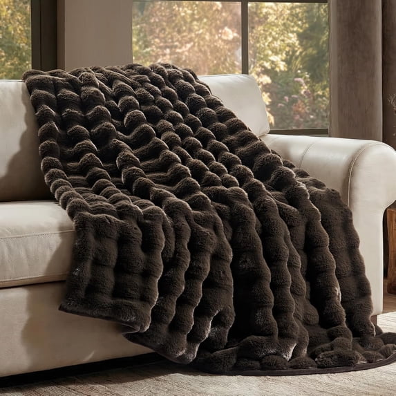 EverGrace Ultra Soft Luxury Fluffy Faux Rabbit Fur Throw Blanket, Thick Warm Bubble Throw for Bed, Cozy Plush Reversible Blankets for Couch, Chair, Sofa, Dark Brown, 60x80 Inches