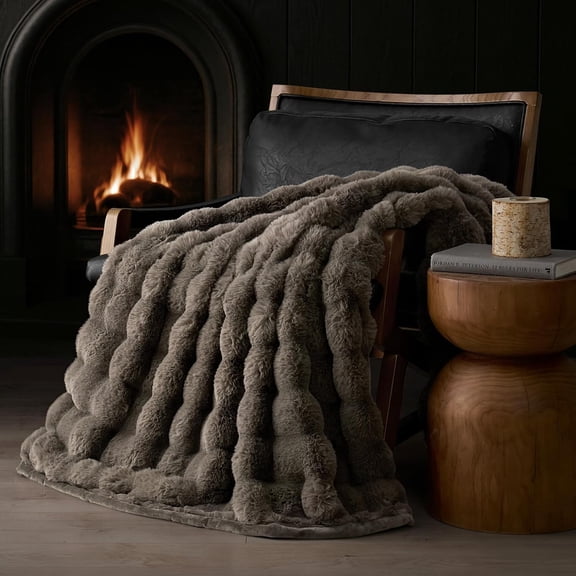 EverGrace Ultra Soft Luxury Fluffy Faux Rabbit Fur Throw Blanket, Thick Warm Bubble Throw for Bed, Cozy Plush Reversible Blankets for Couch, Chair, Sofa, Dark Taupe, 50x60 Inches