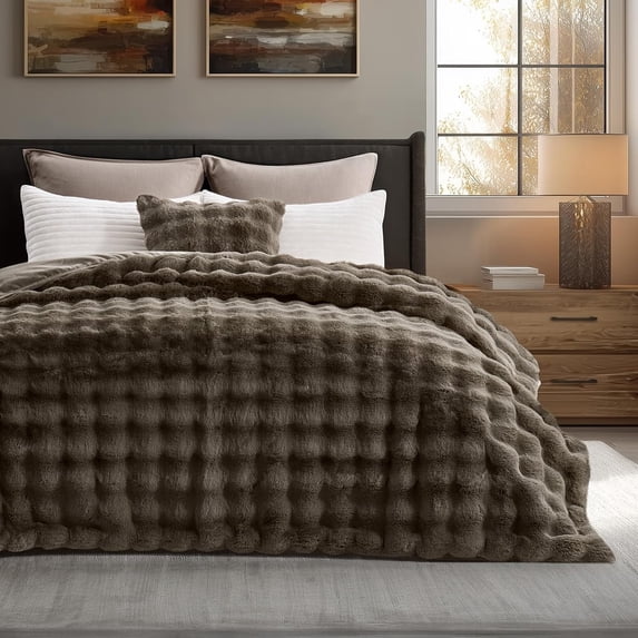 EverGrace Ultra Soft Luxury Fluffy Faux Rabbit Fur Throw Blanket, Thick Warm Bubble Throw for Bed, Cozy Plush Reversible Blankets for Couch, Chair, Sofa, Dark Taupe, 90x90 Inches