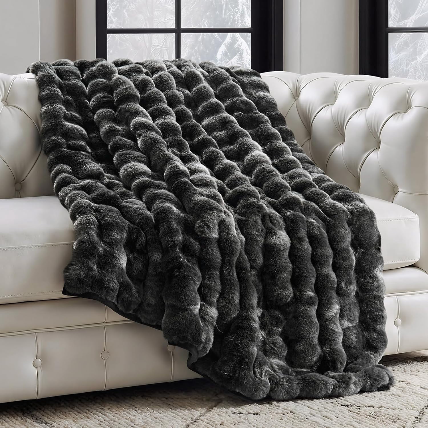 EverGrace Ultra Soft Luxury Fluffy Faux Rabbit Fur Throw Blanket, Thick Warm Bubble Throw for Bed, Cozy Plush Reversible Blankets for Couch, Chair, Sofa, Marble Black, 50x60 Inches