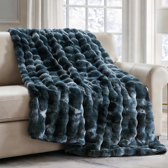 EverGrace Ultra Soft Luxury Fluffy Faux Rabbit Fur Throw Blanket, Thick Warm Bubble Throw for Bed, Cozy Plush Reversible Blankets for Couch, Chair, Sofa, Marble Deep Indigo, 50x60 Inches