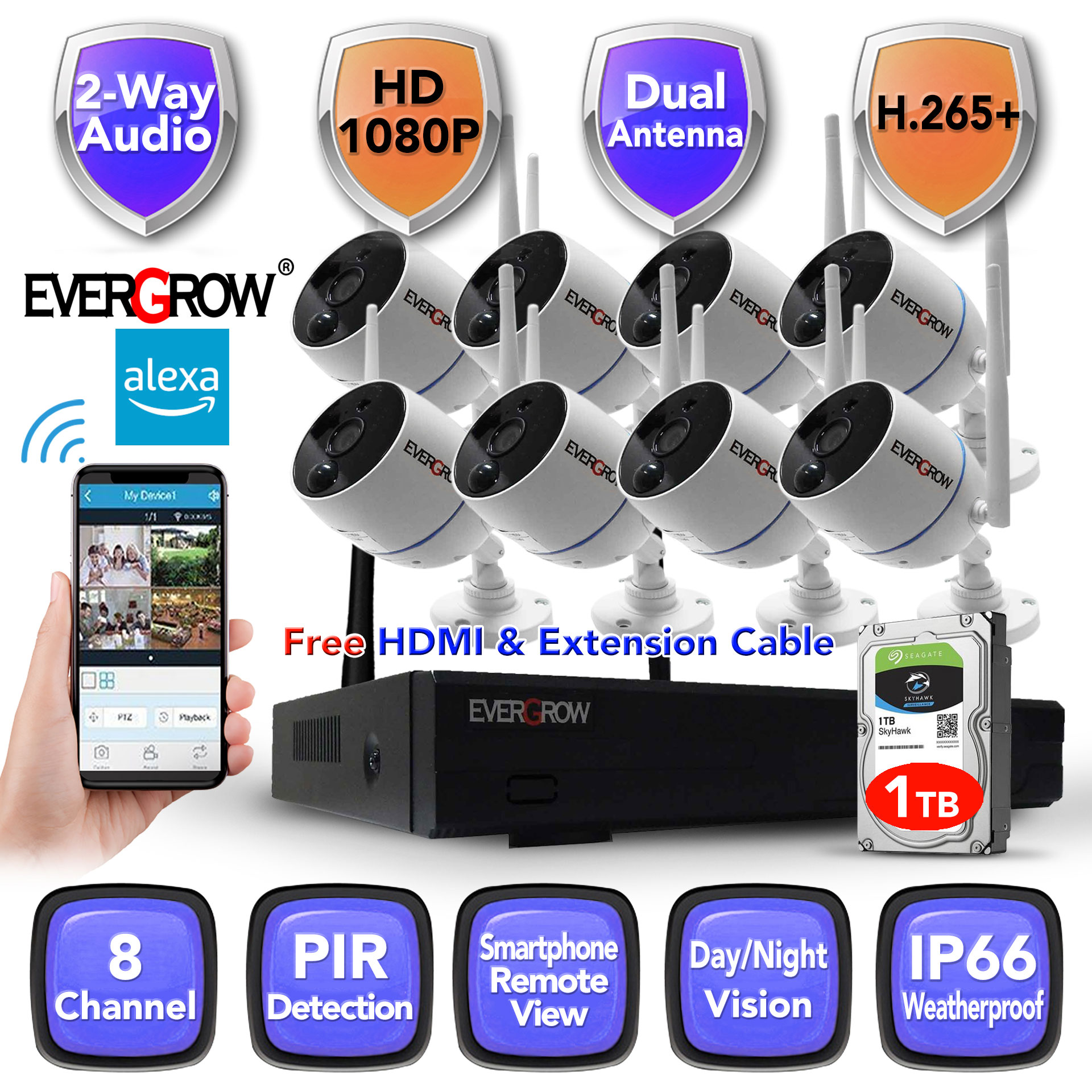 EverGrow Long Range Home Security Camera System 8CH 1080P NVR Wireless Wifi cameras with 2 way audio PIR (CAM-WIFI-8CH-A-2MP-168) - image 1 of 8