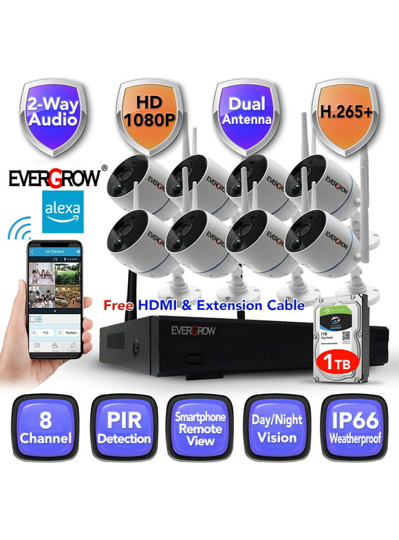EverGrow Long Range Home Security Camera System 8CH 1080P NVR Wireless Wifi cameras with 2 way audio PIR (CAM-WIFI-8CH-A-2MP-168)