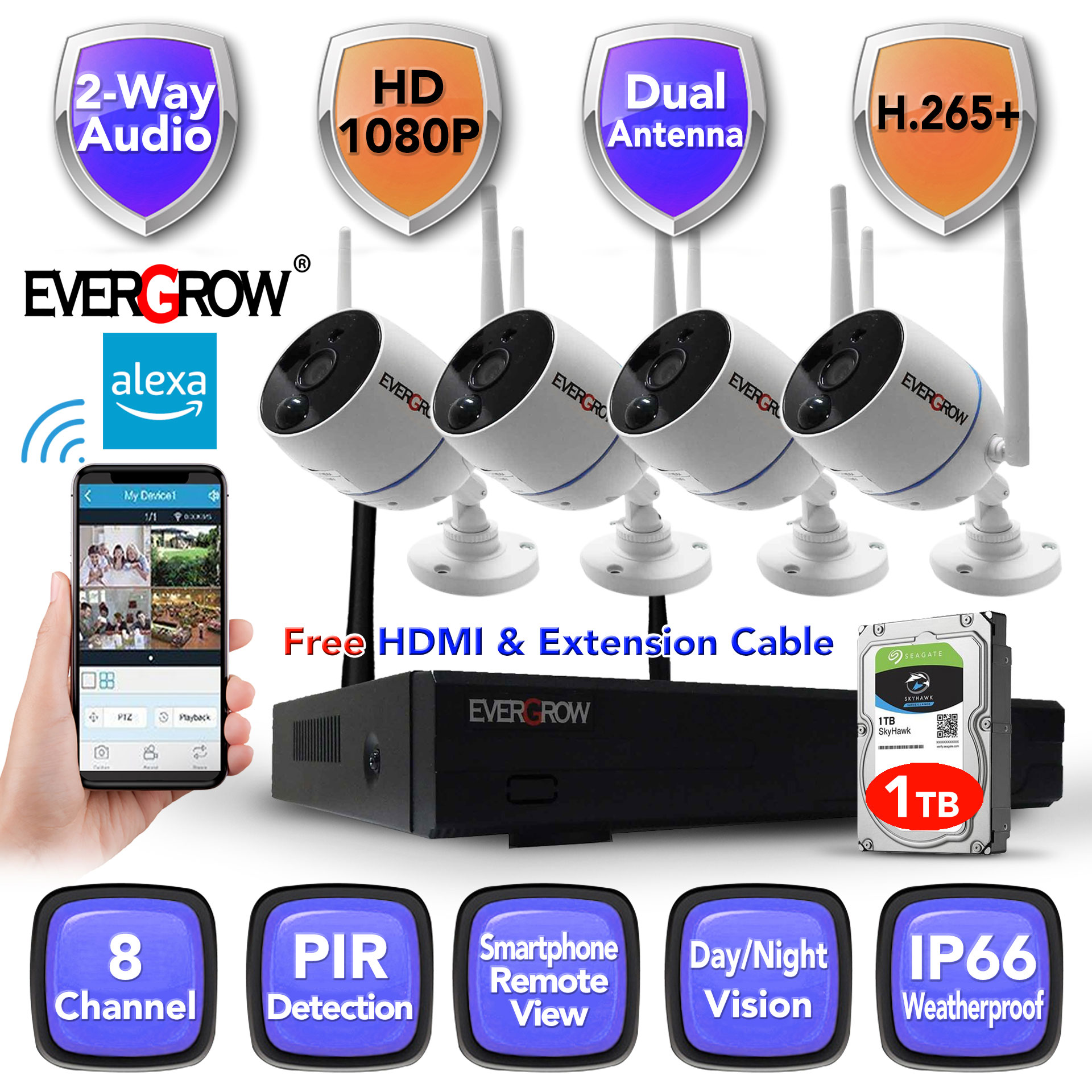 EverGrow Long Range Home Security Camera System 8CH 2K 3MP 1296P NVR and 4pcs of Wireless Wifi Camera with 2 way audio Alexa (CAM-WIFI-4CH-A-2MP-168) - image 1 of 8