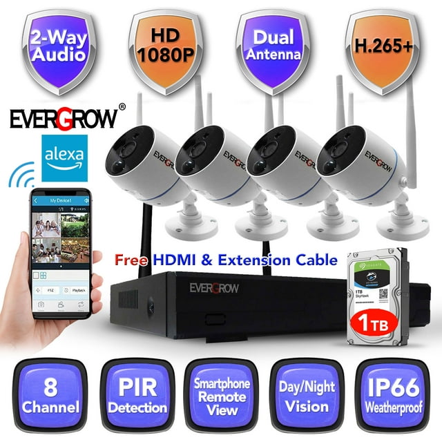 EverGrow Long Range Home Security Camera System 8CH 2K 3MP 1296P NVR and 4pcs of Wireless Wifi Camera with 2 way audio Alexa (CAM-WIFI-4CH-A-2MP-168)