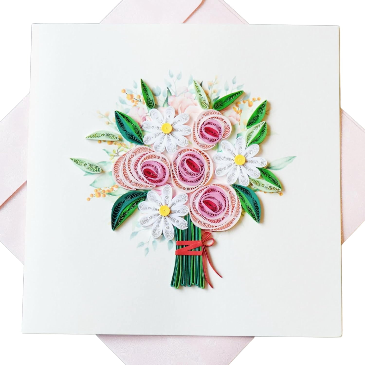 EverLove Unique Quilling Card - Pink Rose & Daisy Bouquet Design ...