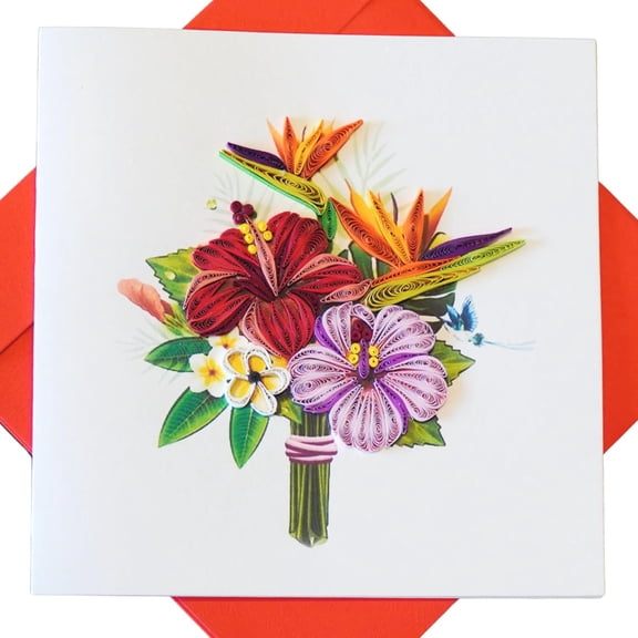 EverLove Unique Quilling Card - Tropical Hibiscus Bouquet Design | Handmade Greeting Card for Birthday, Anniversary, Christmas, Mothers Day, Thank You, Friends & Loved Ones