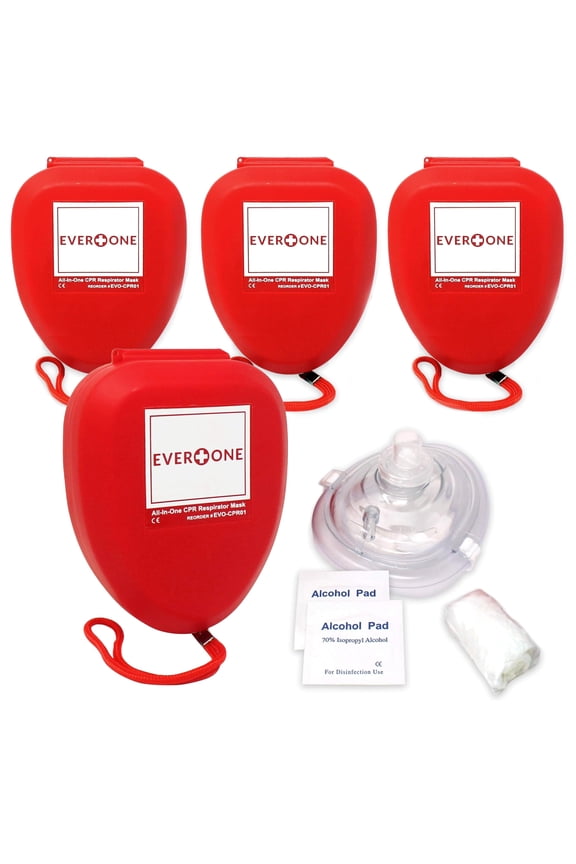 EverOne CPR Rescue Mask, Adult/Child Pocket Resuscitator, Hard Case with Wrist Strap + Gloves & Wipes - 4 Pack
