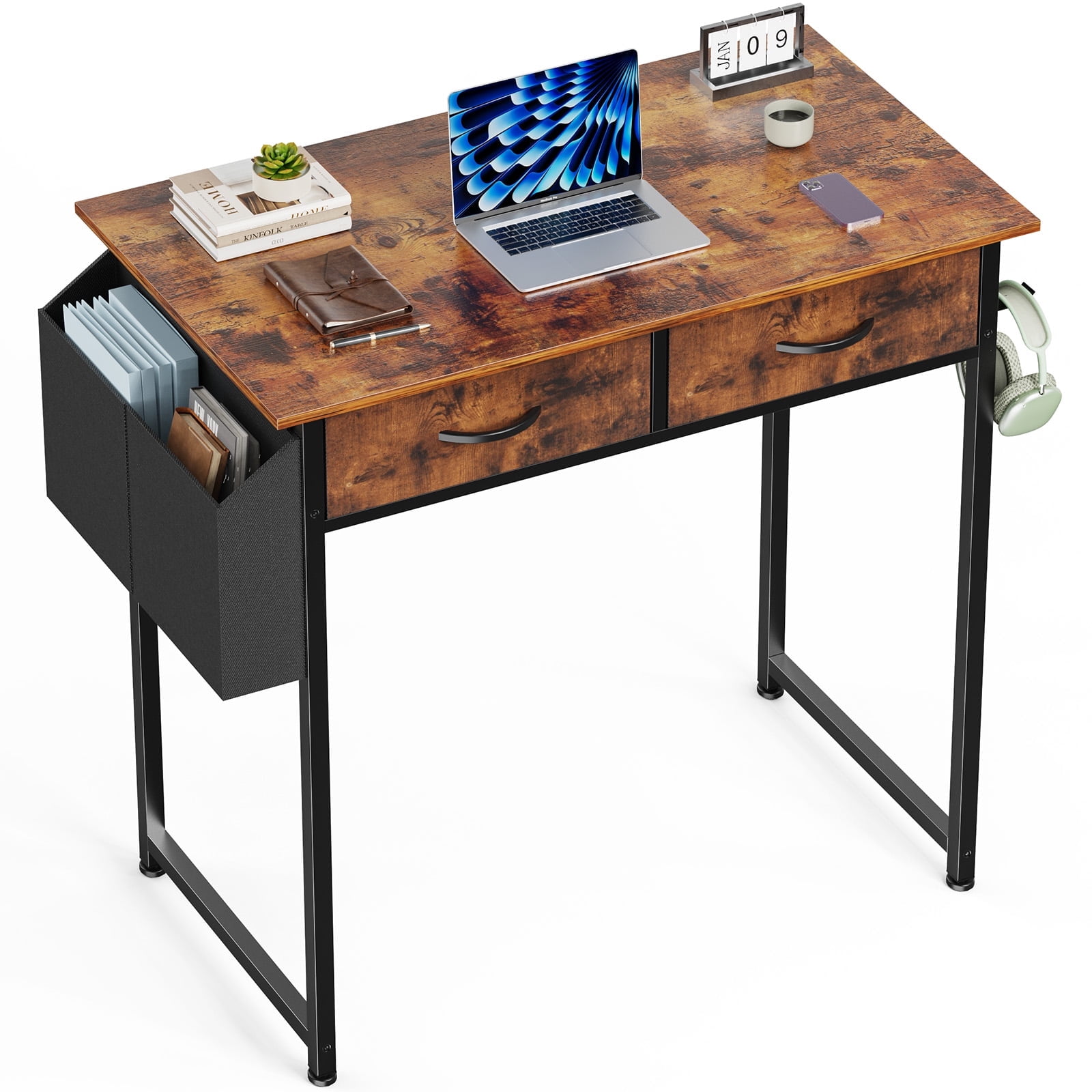 EverPick 32 Inch Desk with 2 Drawers Bedroom Kids Student Vanity Home Office Computer PC Table with Fabric Storage Bag, Study Writing Wood Deskboard for Small Spaces,Brown