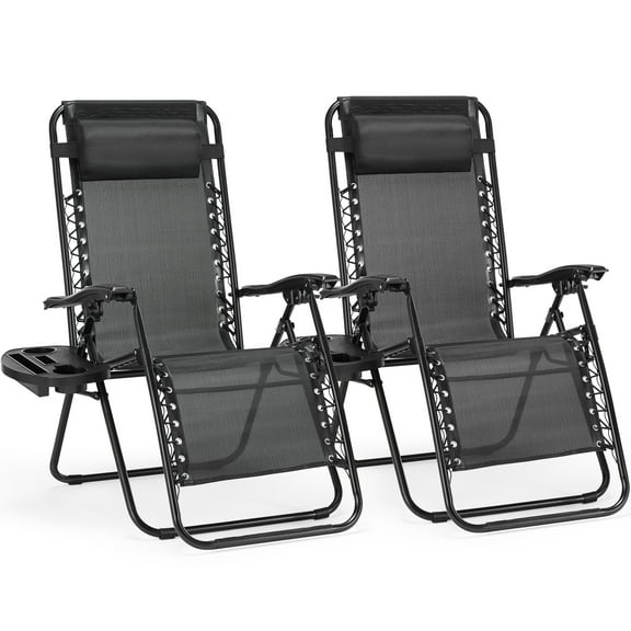 EverPick Set of 2 Zero Gravity Lounge Chairs - Adjustable Reclining Patio Chairs for Backyard, Poolside, Beach & Camping, Folding Outdoor Chairs with Headrest Pillow & Cup Holder (Black)