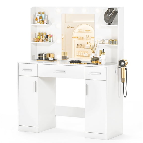 EverPick Vanity Desk with LED Lighted Mirror – Dressing Table with 2 AC Outlets & 2 USB Ports, 3 Adjustable Brightness Levels, 3 Storage Cabinets for Bedroom, Makeup, Hair Styling