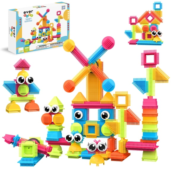 EverPlay 100PC Hedgehog Building Blocks STEM Construction Set with Wheels, Eyes & Colorful Interlocking, Montessori Preschool Learning Toy for Kids