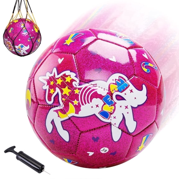 PLAYZAP Size 3 Soccer Ball with Pump, Kids Soccer Ball for Girls Boys 3-8 Years Old - Pink Glitter Unicorn