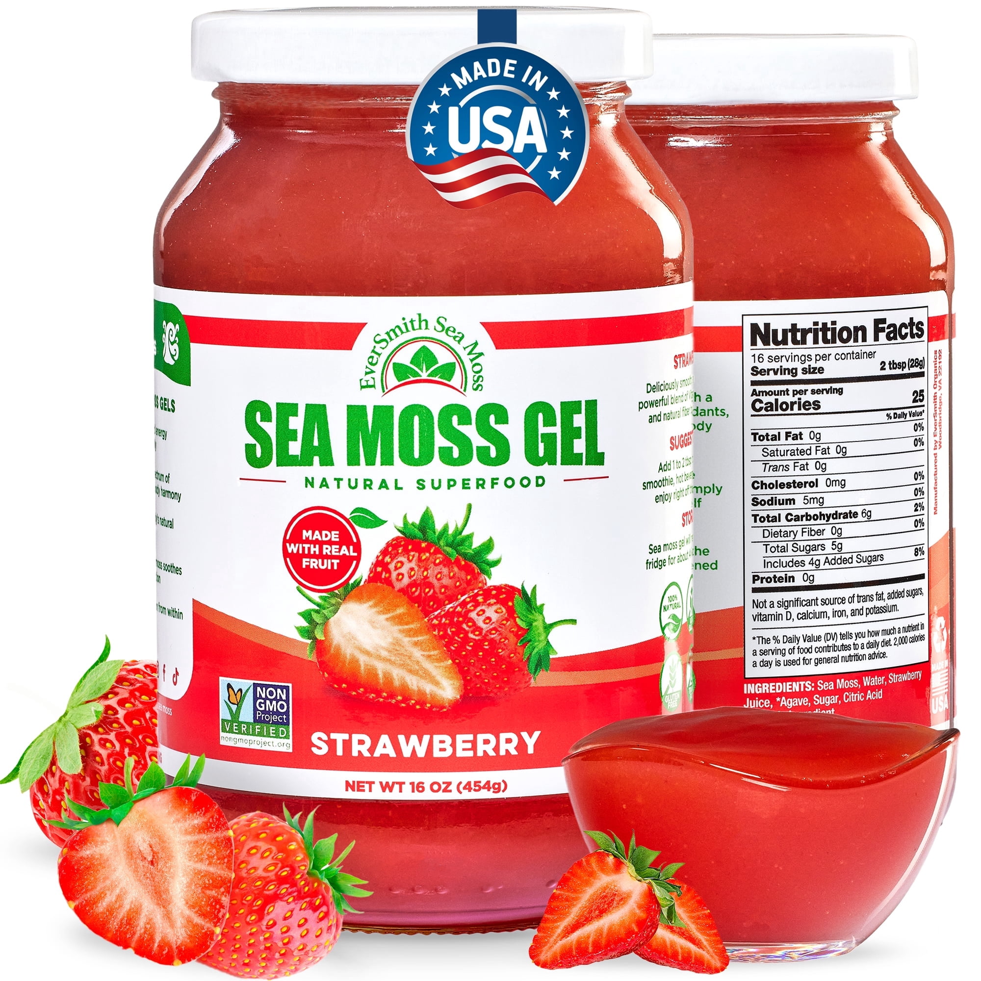 EverSmith Organics Irish Sea Moss Gel, Strawberry Flavor, 16 OZ