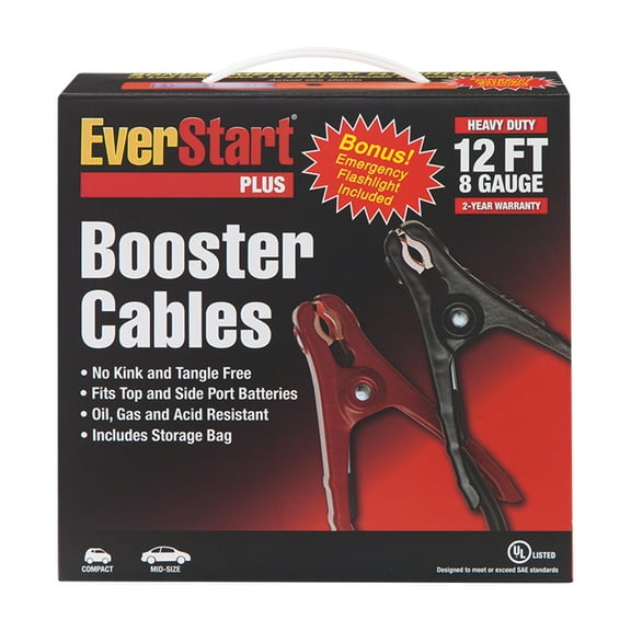 EverStart 12' 8G Tangle-Free Booster Cables with Bonus Light for Automotive Jump Starters