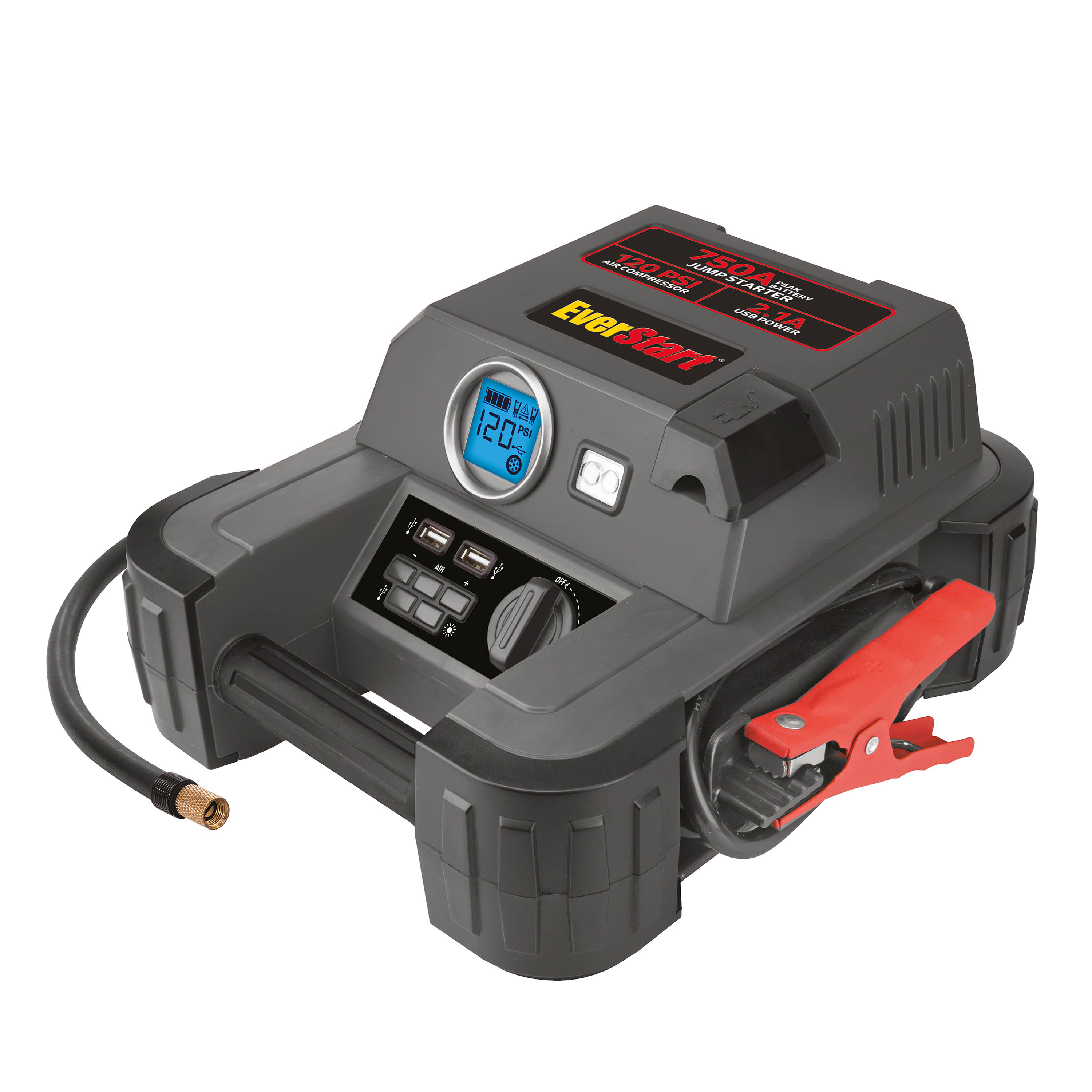 EverStart 750A Jump Starter with Reverse Polarity Alarm, 120 PSI Digital Compressor, Clamps Included - image 1 of 6
