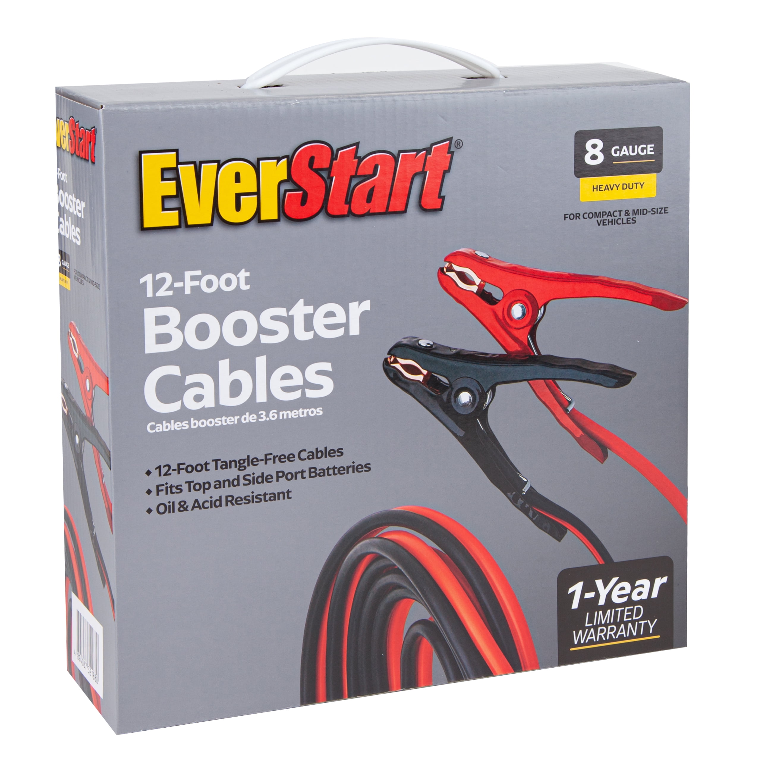 EverStart Jumper Cables 12 feet 8 Gauge, Heavy Duty Clamps, Tanglefree