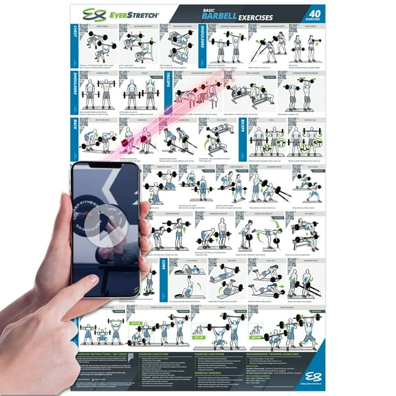 EverStretch Barbell Workout Poster for Home Gym - with Video Instructions - Large 23" x 35" | Laminated Workout Chart | Barbell Workout Posters for Home Gym | Barbell Exercise Posters