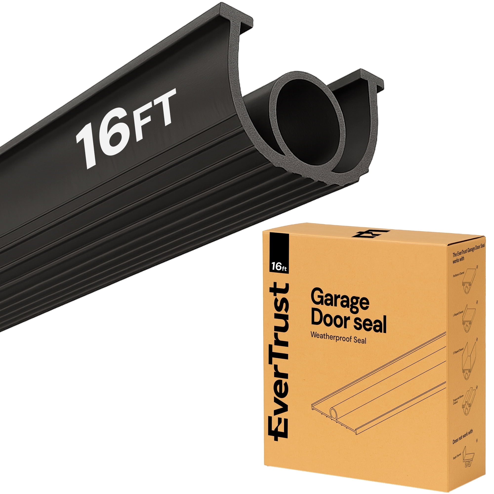 EverTrust Garage Door Bottom Seal – Weatherproof Stripping Rubber Seal with 5/16” T-Ends. Protect Your Garage from Weather and Dust with EPDM Rubber Garage Door Draft Stopper (16 Ft)