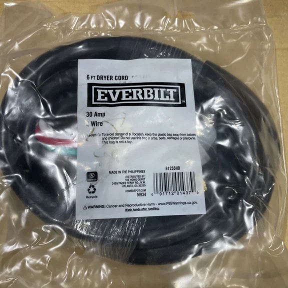 Everbilt 10 Gauge 4-Wire Electric Dryer Plug 125/250V Black 6' 61255Hd