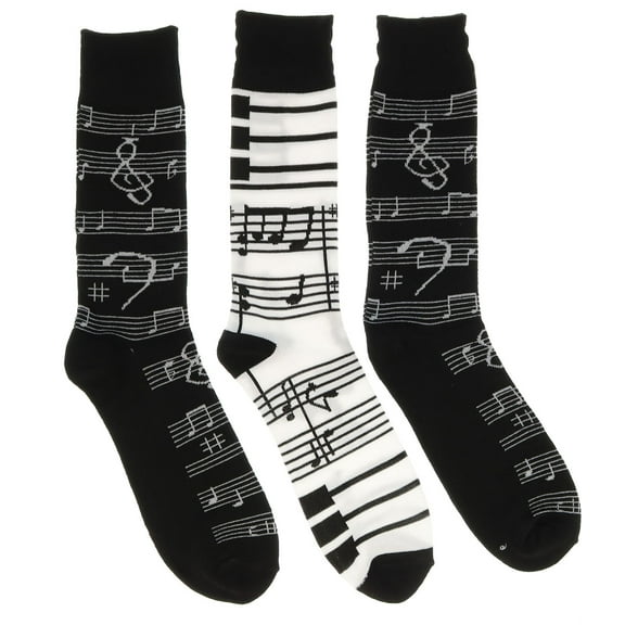 Everbright Men's One Size Music Theme Crew Socks, 3 Pack (Two Black, One White)