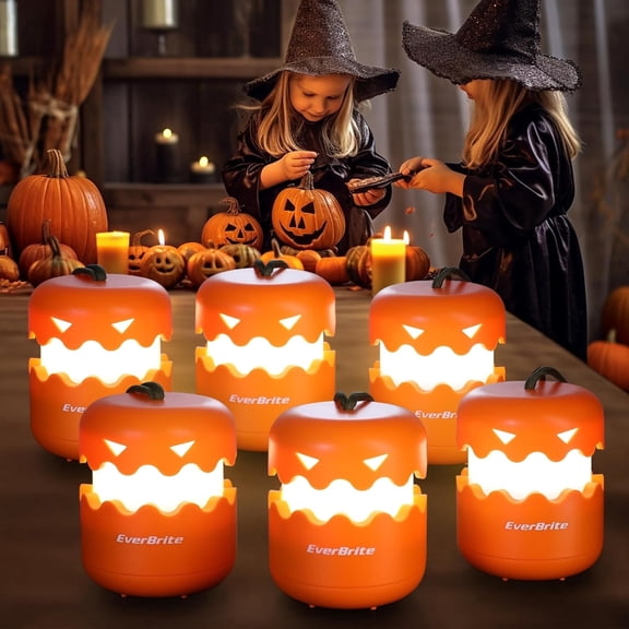 Everbrite 6-Pack Orange Collapsible Pumpkin Lanterns with Lanyards, Light-Up Jack-O'-Lantern Decorations for Halloween Parties, Battery Included