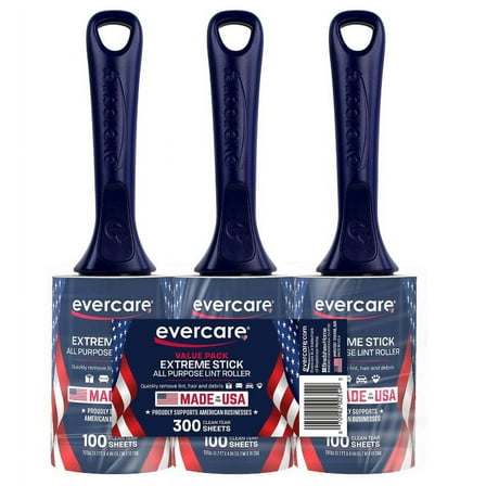 Evercare Extra Sticky Lint Roller, 100-Layer, Easy Tear, Comfort Grip Handle, 3-Pack, Blue
