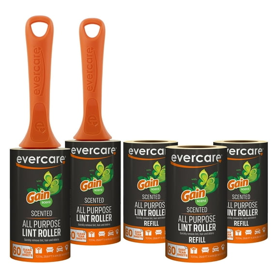 Evercare Gain Scented All-Purpose Lint Roller With 2 Lint Rollers and 3 Refill Rolls, 60 Sheets Each