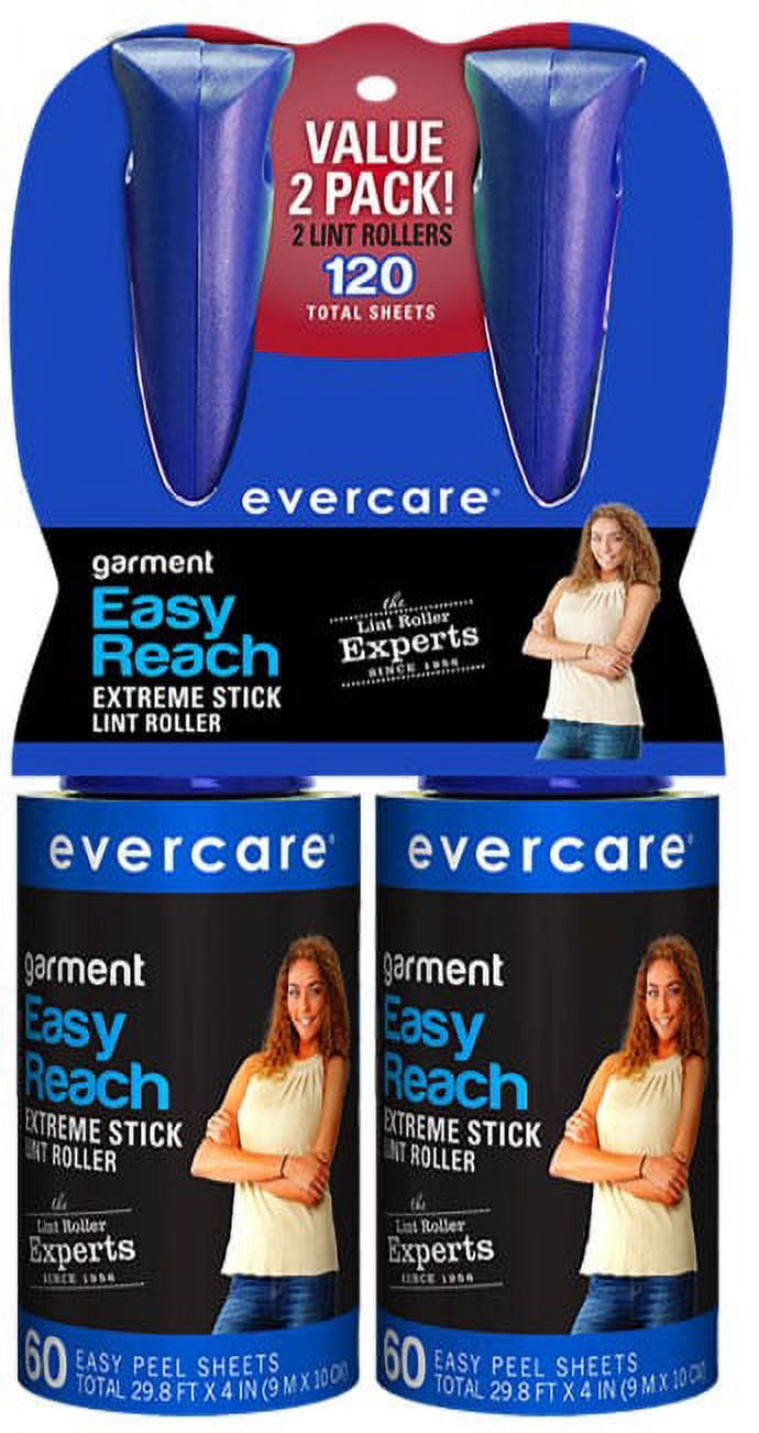 Evercare Garment Easy Reach Lint Roller, 60 Sheets, 2 Ct