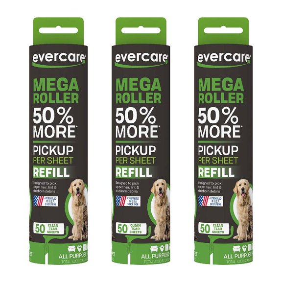 Evercare Mega Lint Roller Refill Extreme Stick Pet Hair Lint Debris From Rugs Beds Furniture Easy Peel 50 Sheets, 3-Pack
