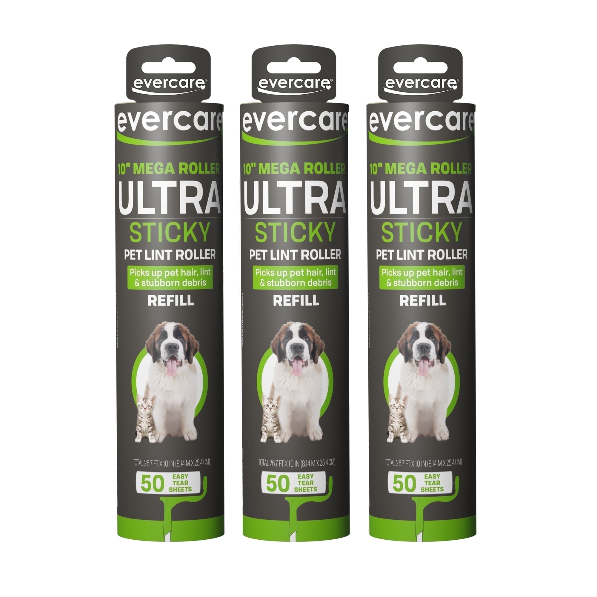 Evercare Pet Mega Lint Roller Refills, Extra Sticky, 150 Sheets, 3